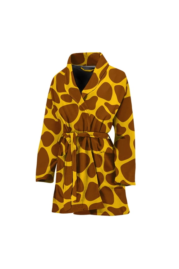 Yellow Brown Giraffe Pattern Women Bathrobe One Size Univeral Fits Fashion Lightweight Plush Fleece Long Robe For Women