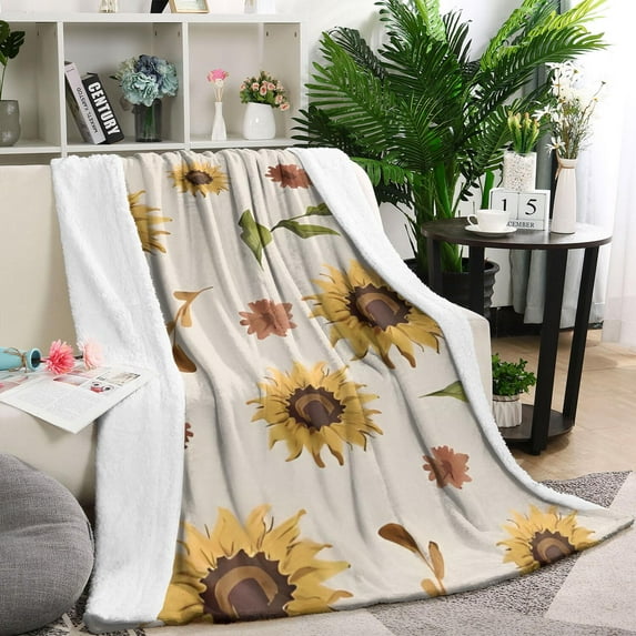 Yellow Brown Green Leaf Sunflower Pattern Blanket,Comfortable Soft Lamb Wool Throw Blanket,All Season,Warm Lightweight Blankets for Sofa Bed Couch Living Room Chair,60"x80"