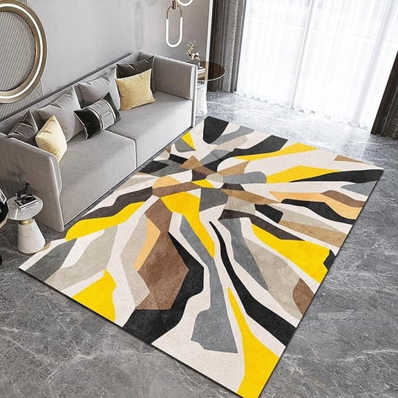 Yellow-Brown Irregular Area Rug, Abstract Geometric Stripes Living Room Rugs, Large Machine Washable Non Slip Carpet For Dining Room Home Office 5x8ft