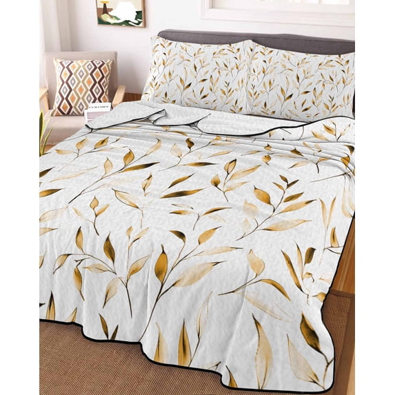 Yellow Brown Leaf Full Size Down Alternative Comforter, Lightweight Comforter Quilt Bedding Set with Pillow Shams Modern Botanical Foliage Plant Country All Seasons Bed Comforter Duvet Insert 78"x90"