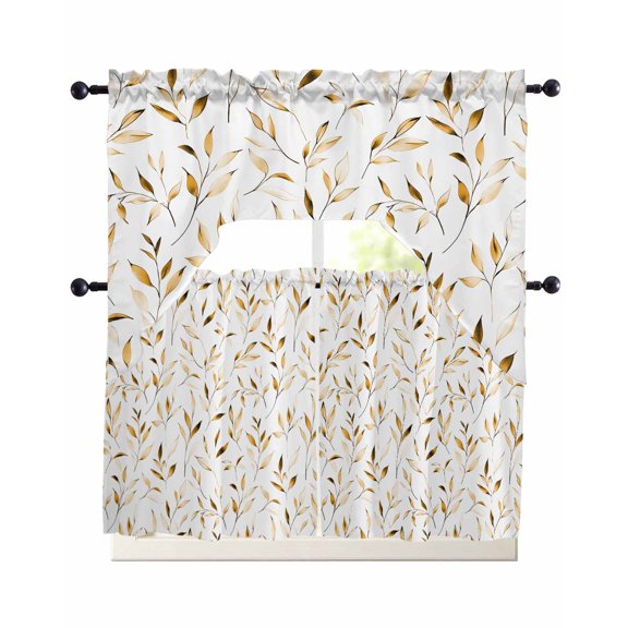 Yellow Brown Leaf Kitchen Curtains Sets 24 Inch Length with Valance, Modern Botanical Foliage Plant Country Swag Valances and Tiers Curtain Set Drapes Swag Curtains for Living Room, Bathroom, Bedroom