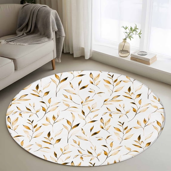 Yellow Brown Leaf Round Area Rug 3 FT,Small Kitchen Bathroom Mats,Modern Botanical Foliage Plant Country Washable Indoor Outdoor Throw Runner Rugs Doormat for Table Shower Sofa Entryway