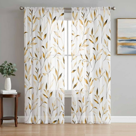 Yellow Brown Leaf Semi Sheer Curtains 63 Inch Length 2 Panels Set, Modern Botanical Foliage Plant Country Sheer Kitchen Curtain Privacy Voile Window Curtain for Living Room Bedroom Rod Pocket Drapes