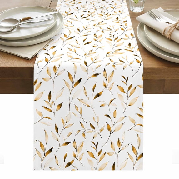 Yellow Brown Leaf Table Runner - 48 Inch Long, Kitchen Dining Table Runner Dresser Scarves, Modern Botanical Foliage Plant Country Farmhouse Decor for Coffee Tables Wedding Party Banquet