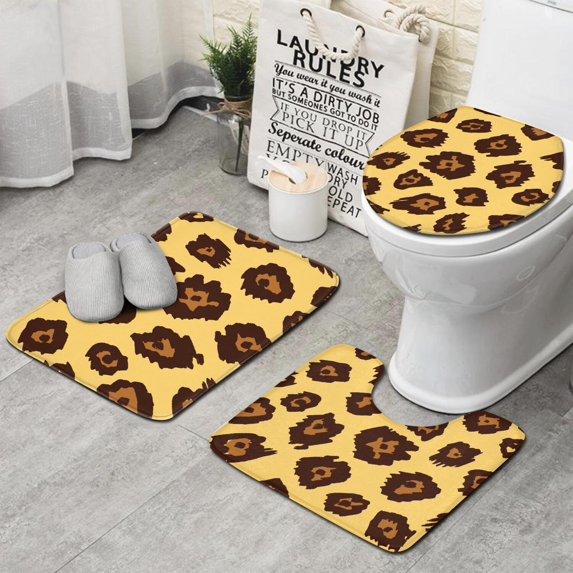 Yellow and Brown Of Leopard Print Bathroom Rugs Sets 3 Piece,Toilet Cover Set,Absorbent Non Slip Bathroom Mats Sets with U-Shaped Contour Rug Toilet Rug Set