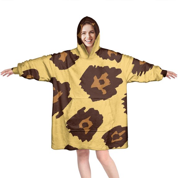 Yellow and Brown Of Leopard Print Wearable Oversized Blanket,Wearable Blanket Hoodie for Adults,Cozy Hooded Blankets with Super Pockets,Super Warm Fuzzy Pullover for Women & Men