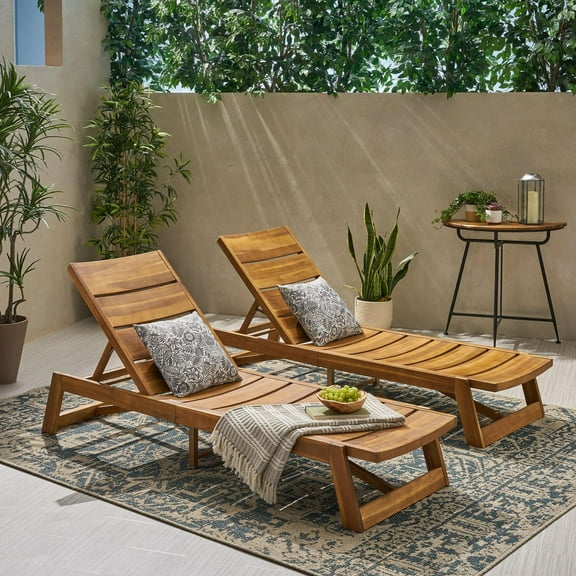 Yellow Brown Outdoor Chaise Lounge Set of 2, Solid Acacia Wood + MDF, Sleek Modern Design for Patio, Poolside, or Garden Relaxation