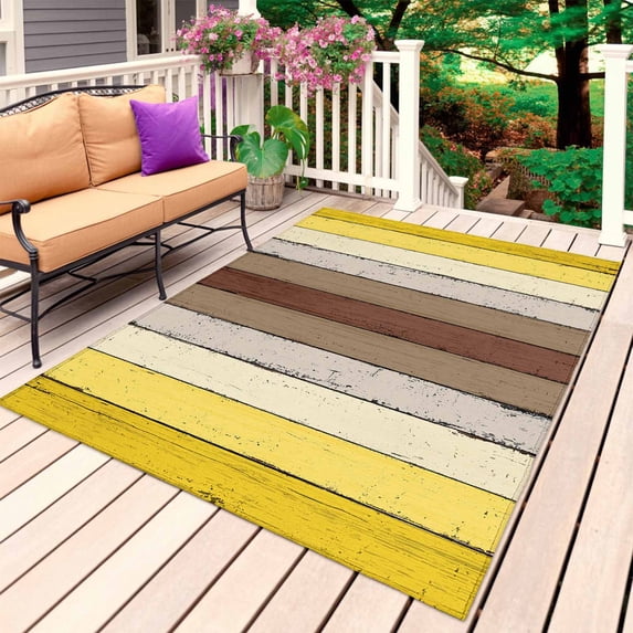 Yellow Brown Outdoor Rug for Patio/Deck/Porch, Non-Slip Large Area Rug 5 x 8 Ft, Farmhouse Wood Grain Vintage Striped Indoor Outdoor Rugs Washable Area Rugs, Reversible Camping Rug Carpet Runner
