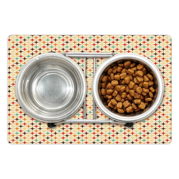 Yellow and Brown Pet Mat for Food and Water, Retro-Themed Geometric with Colorful Stars, Non-Slip Rubber Mat for Dogs and Cats, 18" X 12", by Ambesonne