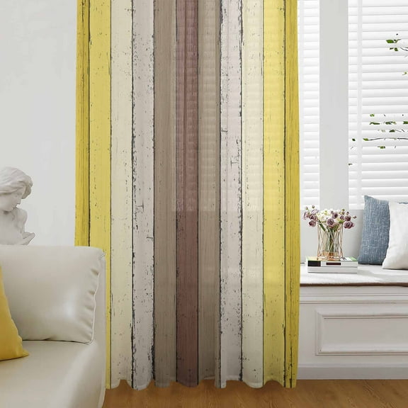 Yellow Brown Semi Sheer Curtains Drapes for Living Room, Bedroom, French Doors Window 96 Inches Long, Farmhouse Wood Grain Vintage Striped Rod Pocket Chiffon Curtain Drapery Voile Draperies Panel