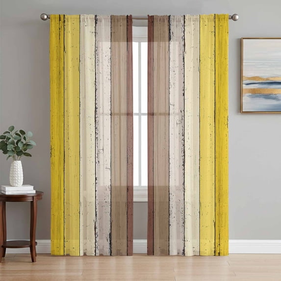Yellow Brown Sheer Curtains 63 Inch Length 2 Panels Set, Farmhouse Wood Grain Vintage Striped Voile Window Treatment Rod Pocket Curtains Sheers Drapes for Bedroom/Living Room/Kitchen 52x"63"x2