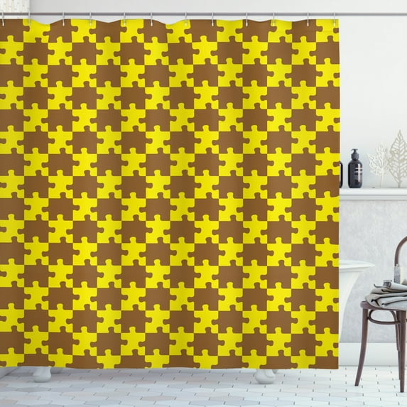 Yellow Brown Shower Curtain, Bicolour Repetitive Pattern with Puzzle Pieces Abstract Simple, Fabric Bathroom Set with Hooks, 69W X 84L Inches Extra Long, Caramel and Yellow, by Ambesonne