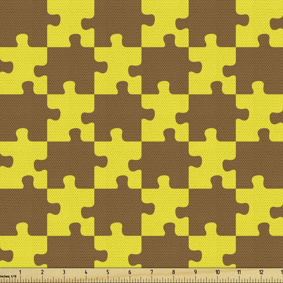 Yellow Brown Sofa Upholstery Fabric by the Yard, Bicolour Repetitive Pattern with Puzzle Pieces Abstract Simple, Decorative Fabric for DIY & Home Accents, 2 Yards, Caramel and Yellow by Ambesonne
