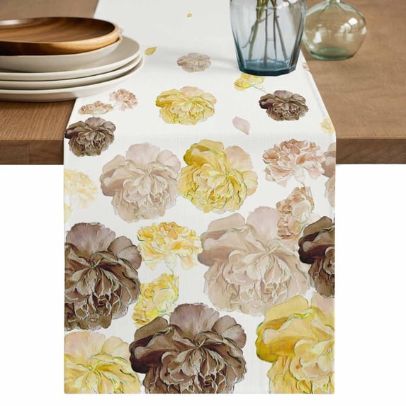 Yellow Brown Spring Floral Table Runner, Watercolor Summer Botanical Washable Cotton Linen Table Runners 60 Inches Long, Dresser Scarf Runner for Coffee/TV Stands/Kitchen/Cabinets 13''x60''