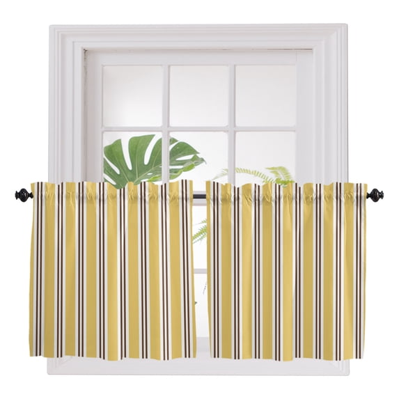 Yellow Brown Striped 2 Panel Kitchen Curtains for Small Windows, Modern Farmhouse Vertical Stripes Bathroom Tier Curtain, Short Window Treatment for Bedroom/Living Room 55"x36"