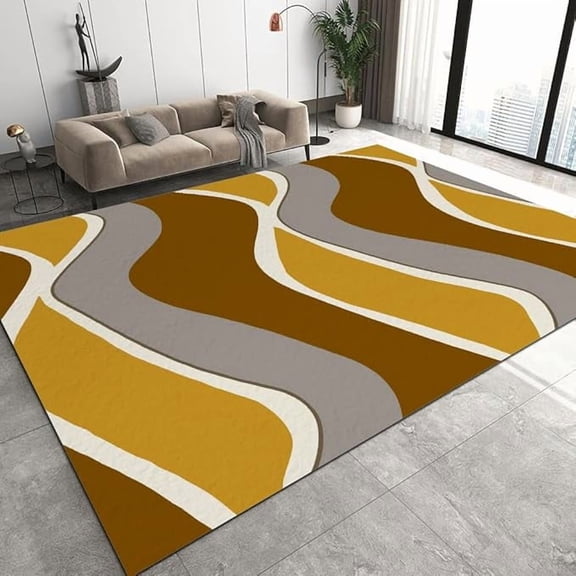 Yellow And Brown Stripes Design Area Rug, Modern Minimalist Graphic Background Bedroom Rug, Low Pile Washable Living Room Carpet, Soft Non-Slip Rugs 3 x 4ft