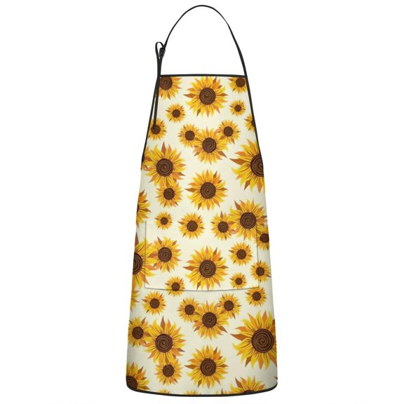 Yellow Brown Sunflower Pattern Apron-Garden Aprons for Women with Pockets-Cotton Linen Waterproof Kitchen Cooking Gardening Aprons Adjustable for Kitchen,Cooking,BBQ and Salon 33x27 Inch