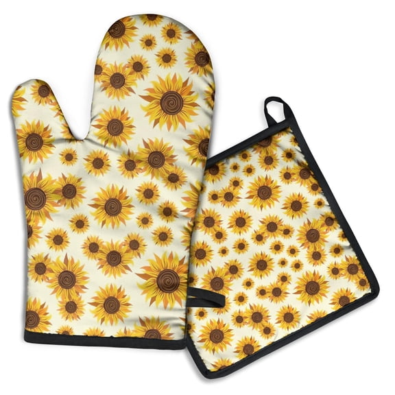 Yellow Brown Sunflower Pattern Kitchen Oven Mitt and Pot Holder Sets 2 Pcs for Baking, Cooking and Grilling, Heat Resistant Up To 392 °F