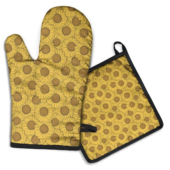 Yellow Brown Sunflower Pattern Kitchen Oven Mitt and Pot Holder Sets 2 Pcs for Baking, Cooking and Grilling, Heat Resistant Up To 392 °F