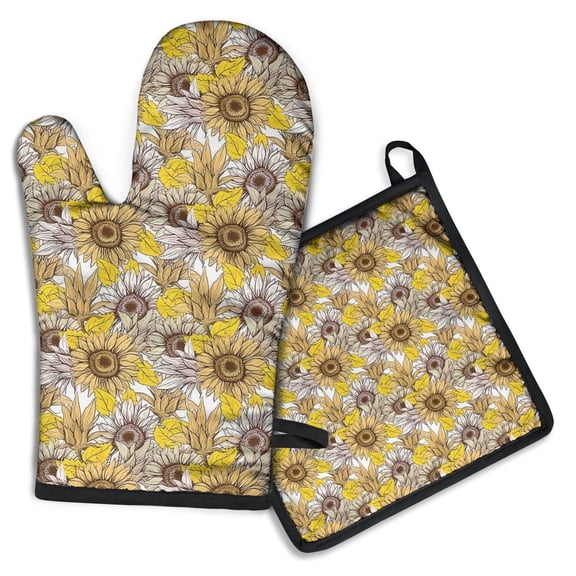 Yellow Brown Sunflower Pattern Kitchen Oven Mitt and Pot Holder Sets 2 Pcs for Baking, Cooking and Grilling, Heat Resistant Up To 392 °F