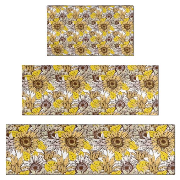 Yellow Brown Sunflower Pattern Kitchen Rugs Sets Of 3,Kitchen Runner Rugs Non Skid Washable,Decorative Kitchen Floor Mats for Kitchen,Sink,Laundry,17"x30"+ 17"x47" + 17"x59"