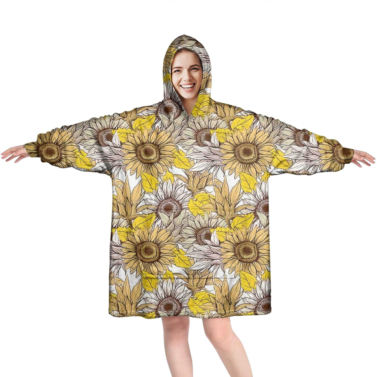 Yellow Brown Sunflower Pattern Wearable Oversized Blanket,Wearable Blanket Hoodie for Adults,Cozy Hooded Blankets with Super Pockets,Super Warm Fuzzy Pullover for Women & Men