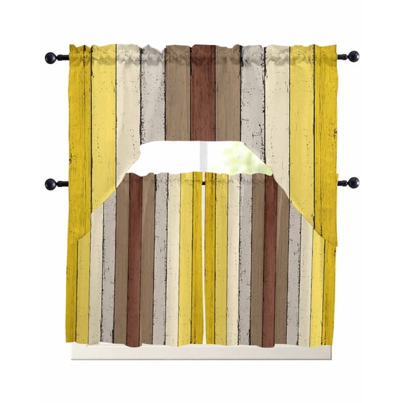 Yellow Brown Swag Curtains for Living Room/Bedroom Windows, Farmhouse Wood Grain Vintage Striped Kitchen Curtains and Valances Set 36 Inch Length, Light Filtering Swags Valance Curtain Panels