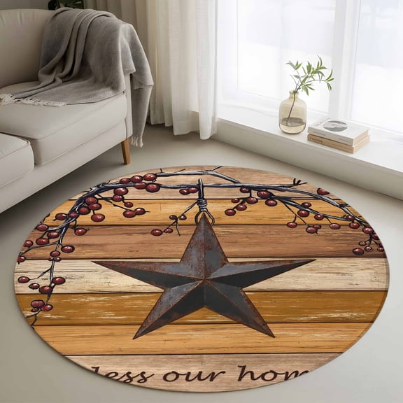Yellow Brown Texas Star 3ft Round Rug, Retro Country Star Farmhouse Wooden Non-Skid Rubber Backing Large Area Rugs - Living Room Bedroom Home Office, Indoor Floor Mat Carpets Washable Rug