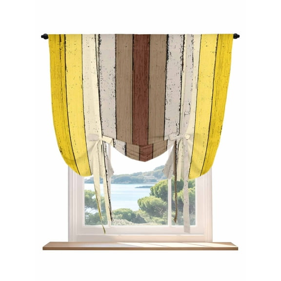 Yellow Brown Tie Up Curtains for Windows 63 Inch Length Balloon Curtains Kitchen Adjustable Balloon Window Shade Farmhouse Wood Grain Vintage Striped Tie Up Valance Bathroom Curtain Window 42"x63"