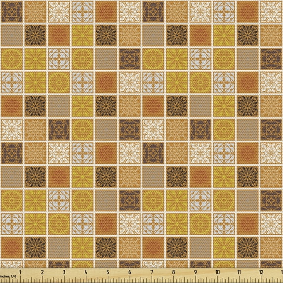Yellow Brown Upholstery Fabric by the Yard, Traditional Squares with Ornaments, Decorative Fabric for DIY and Home Accents, 5 Yards, Camel Multicolor by Ambesonne