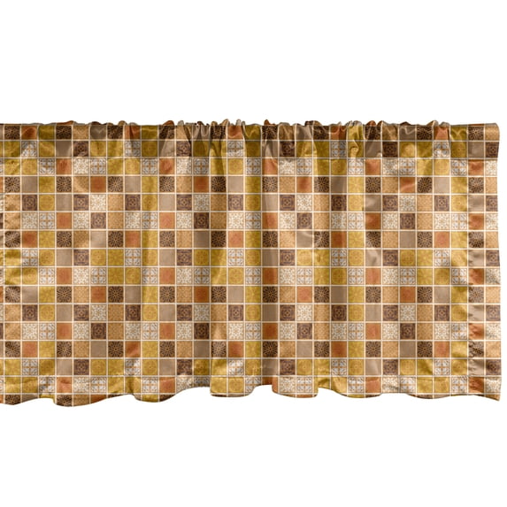Yellow Brown Window Valance, Traditional Squares with Ornaments, Curtain Valance for Kitchen Bedroom Decor with Rod Pocket, 54" X 12", Camel Multicolor, by Ambesonne