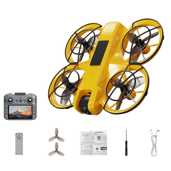 Yellow Brushless Motor Drone With 4.5 Inch Screen Remote 8K Camera Optical Flow Positioning 30 Min Flight Foldable Quadcopter Includes 1 Battery 1.1 Lb