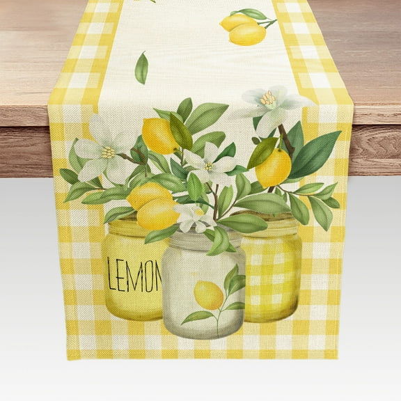 Yellow Buffalo Check Summer Table Runner , Lemon Vase Spring Fall Farmhouse Rustic Holiday Runners Kitchen Dining Table Decoration for Indoor Outdoor Dinner Party 13X72inch