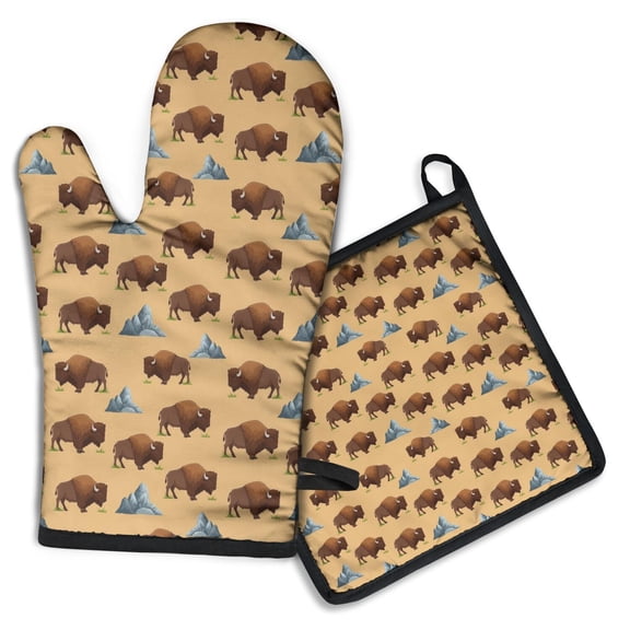 Yellow Buffalo Mountain Pattern Kitchen Oven Mitt and Pot Holder Sets 2 Pcs for Baking, Cooking and Grilling, Heat Resistant Up To 392 °F