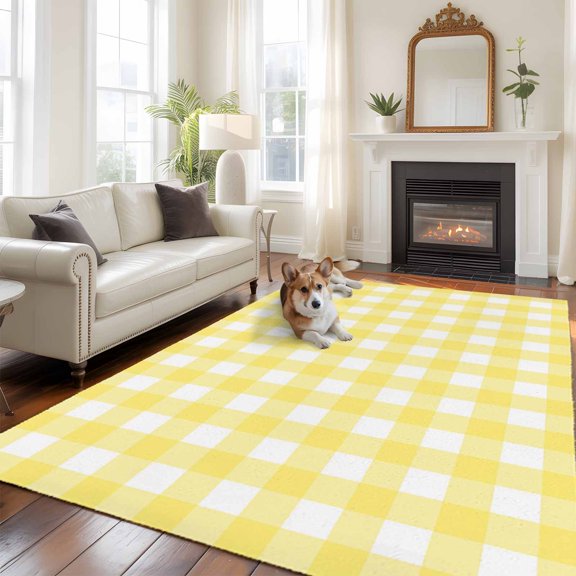 Yellow Buffalo Plaid Area Rugs 5x7 ft Summer Pastoral Simple Checkered Art Washable Rug Non Slip Indoor Carpet Absorbent Floor Mat for Living Room Bedroom Dining Room