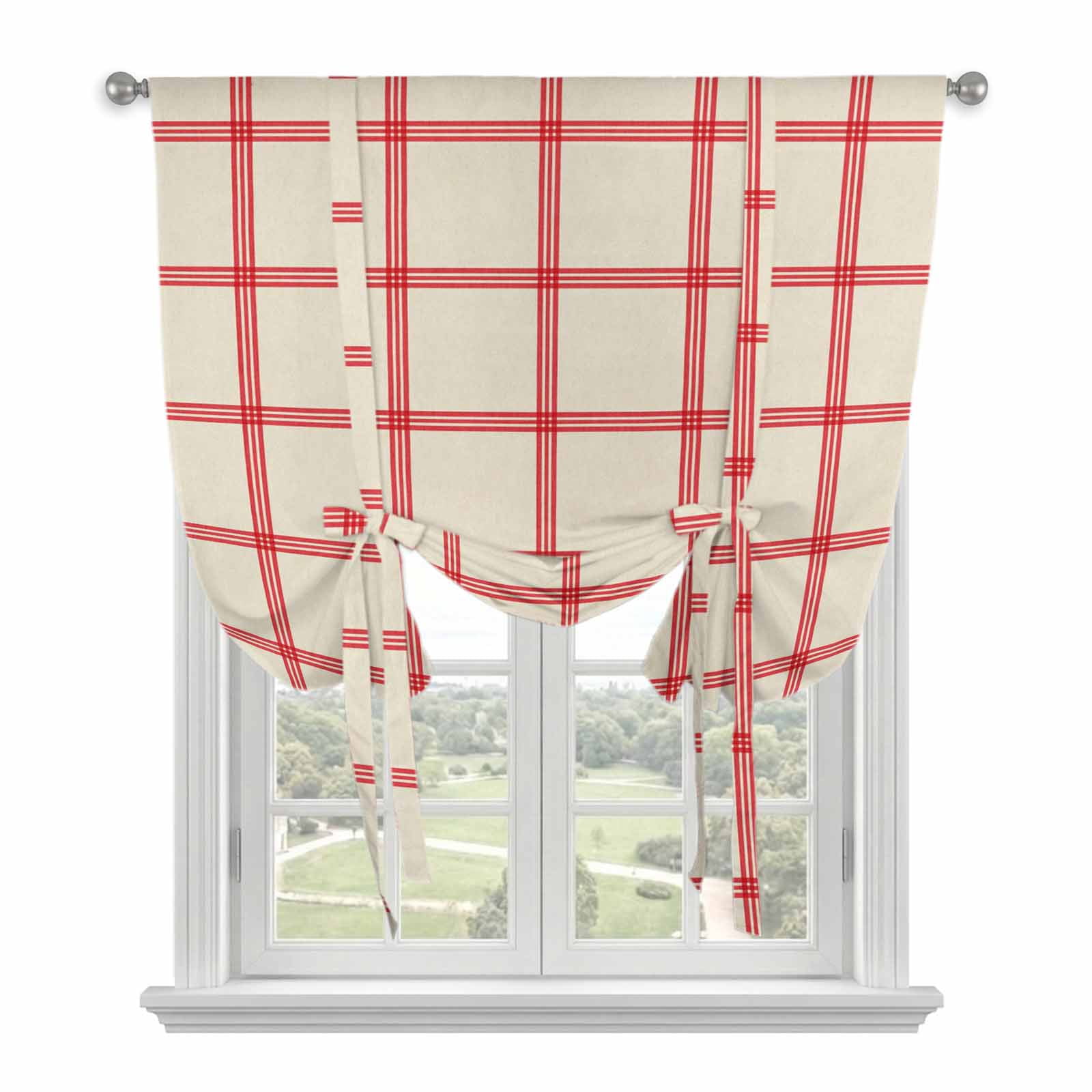Yellow Buffalo Plaid Balloon Curtains 63 Inch Length for Living Room/Bedroom, Red Lines Grid Pattern Vintage Rod Pocket Privacy Door Curtains Decorative Tie Up Shade for Window 52"x63"
