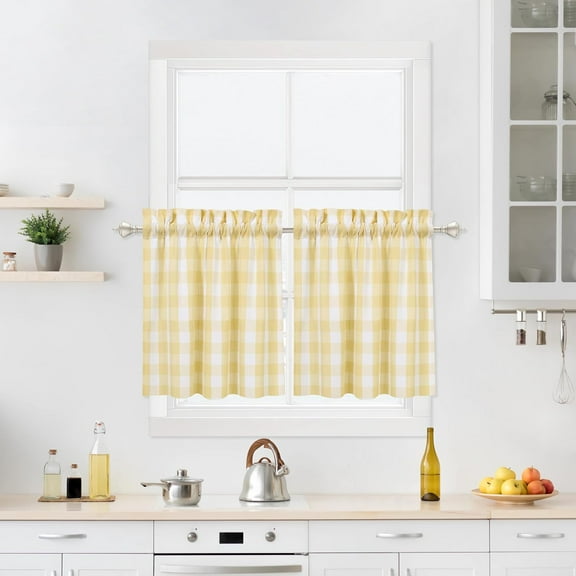 Yellow Buffalo Plaid Cafe Curtains Farmhouse Tiers Kitchen Curtain 24 Inches Long, Gingham Check Rod Pocket Half Window Short Drapes for Kitchens Bathroom, 28" x 24", Yellow/White, Set of 2