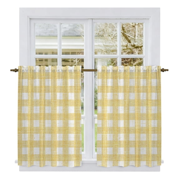Yellow Buffalo Plaid Kitchen Curtains 54 Inch Length, Farmhouse Retro Checked Rustic Tiers Curtains for Bathroom Bedroom Cafe, Light Filtering Small Window Treatment Short Drapes 2 Panels 42"Wx54"L