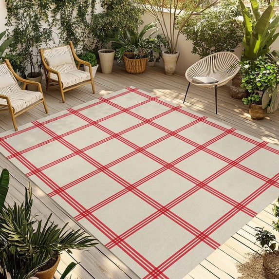 Yellow Buffalo Plaid Outdoor Rug for Patio/Deck/Porch, Non-Slip Large Area Rug 6 x 9 Ft, Red Lines Grid Pattern Vintage Indoor Outdoor Rugs Washable Area Rugs, Reversible Camping Rug Carpet Runner