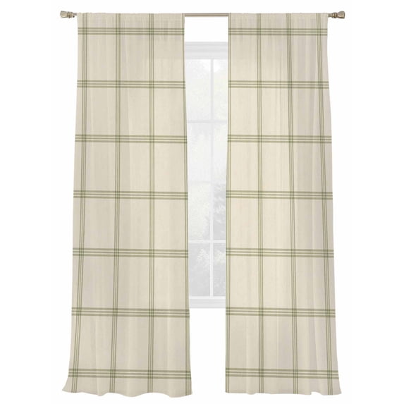 Yellow Buffalo Plaid Sheer Curtains 2 Panels Set Farmhouse Vintage Linen Black Stripes Sheer Window Curtains Light Filtering Rod Pocket Voile Drapes for Bedroom Living Room 52"X96"