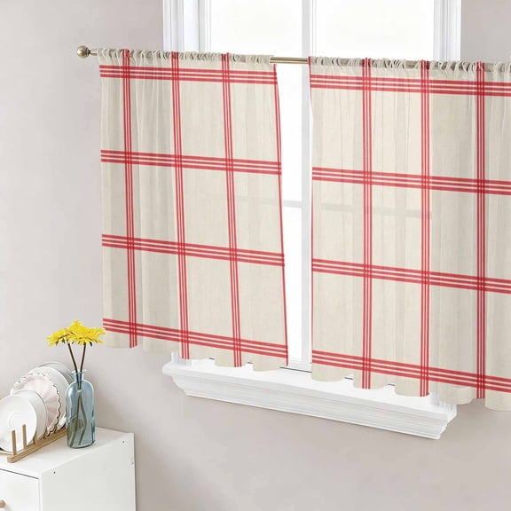 Yellow Buffalo Plaid Sheer Curtains 45 Inch Length 2 Panels Set Window Treatments, Red Lines Grid Pattern Vintage Rod Pocket Semi Curtains for Living Room/Bedroom/Kitchen Décor, 104"W x 45"L