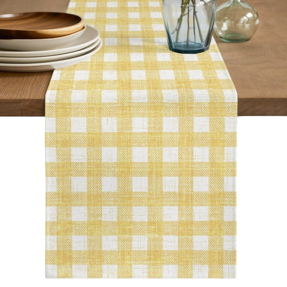 Yellow Buffalo Plaid Short Table Runner 48 Inches Long,Farmhouse Retro Checked Rustic Cotton Linen Table Runners Dresser Scarves,Fabric Tabletop Scarf Furniture Cover for Home Dinner Party 13"x48"