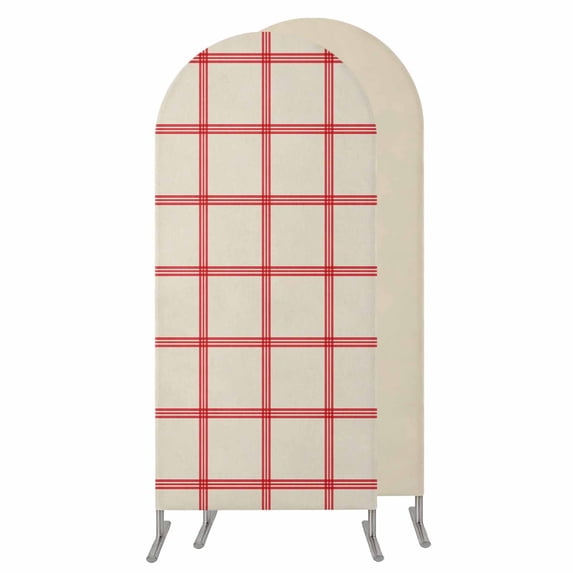 Yellow Buffalo Plaid Wedding Arch Cover, Stretchy Spandex Arch Backdrop Stand Covers 6 FT, Red Lines Grid Pattern Vintage Round Top Arched Backdrop Cover for Birthday Party Ceremony Baby Shower Event