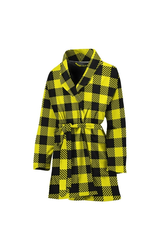 Yellow Buffalo Plaid Women Bathrobe One Size Univeral Fits, Checkered Caro Plaid Tartan Fashion Lightweight Plush Fleece Long Robe For Women
