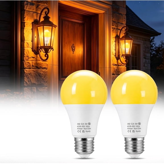 Yellow Bug Light Bulbs Outdoor 2-Pack, 9W (60W Equivalent) 2000K Yellow Amber Bug Lights for Outside, E26 Base Non-Dimmable, Outdoor Bug Repellent Light for Porch Patio Backyard Deck Bedroom