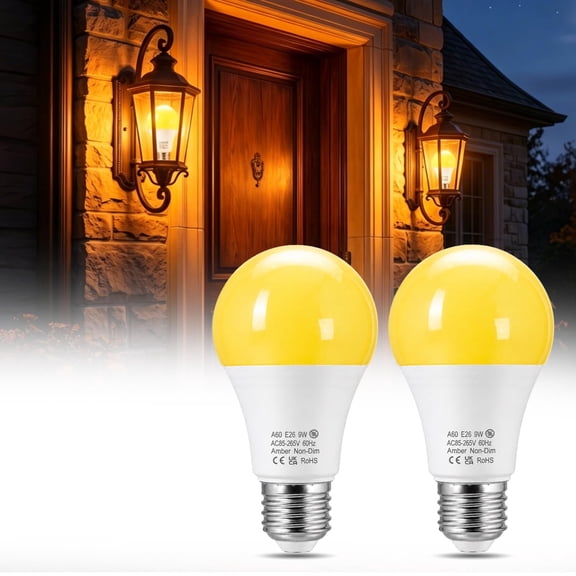 Yellow Bug Light Bulbs Outdoor 2-Pack, 9W (60W Equivalent) 2000K Yellow Amber Bug Lights for Outside, E26 Base Non-Dimmable, Outdoor Bug Repellent Light for Porch Patio Backyard Deck Bedroom