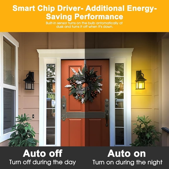 Yellow Bug Light Bulbs Outdoor, Dusk to Dawn A19 LED Bulb for Porch Lights Outside, 6W(40W Equivalent) Auto On/Off Amber Bulb for Patio, Backyard, Hallway, Decor, 4 Pack