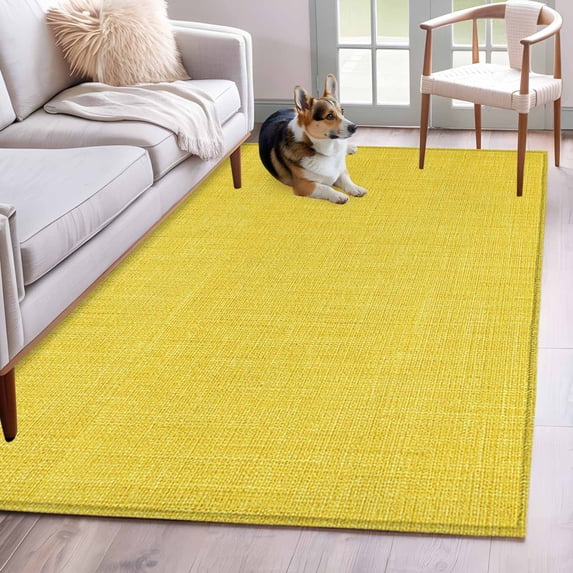 Yellow Burlap Texture Area Rug 4x6 FT, Non Slip Kids Room Carpet, Farmhouse Vintage Yellow Washable Soft Floor Carpet Non-Shedding Throw Rug for Dorm Kitchen Study Room Home Office Bedside