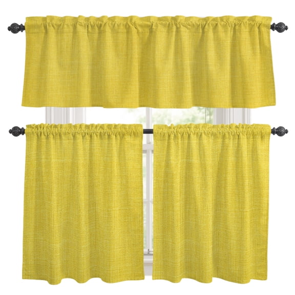 Yellow Burlap Texture Kitchen Curtains, Kitchen Curtains and Valances Set of 3, Farmhouse Vintage Yellow Light Filtering Tailored Tier Curtain 24 Inch Length Drapes for Cafe Sink Bedroom
