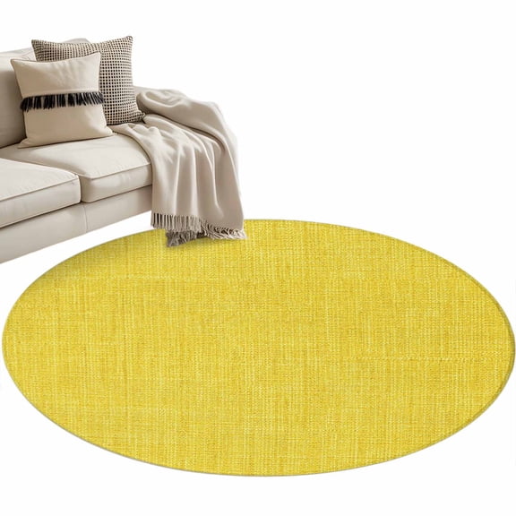 Yellow Burlap Texture Round Area Rug 4 FT, Non Slip Indoor Outdoor Rug, Farmhouse Vintage Yellow Washable Soft Circular Carpet Non-Shedding Floor Mat for Coffee Table Nursery Foyer Balcony